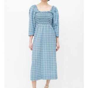 Ganni Midi Dress Blue Plaid Seersucker Ruched EU 38/US 6 Medium